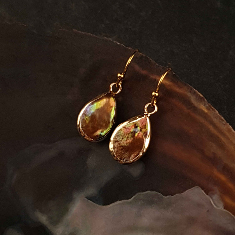 Bruine zoetwater parel oorbellen met goud edelstaal liggend in schelp | Badia