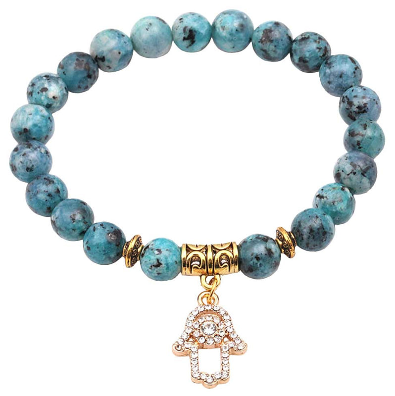 Blauw edelstenen armband met chrysocolla en hamsa handje, elastisch | Chrysocolla Bling Hamsa