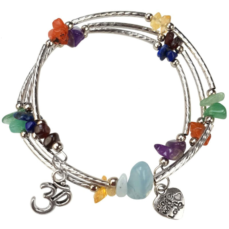 Edelstenen wikkelarmband met veel soorten en kleuren edelstenen en aum teken | Gemstone 3 Loops Ohm