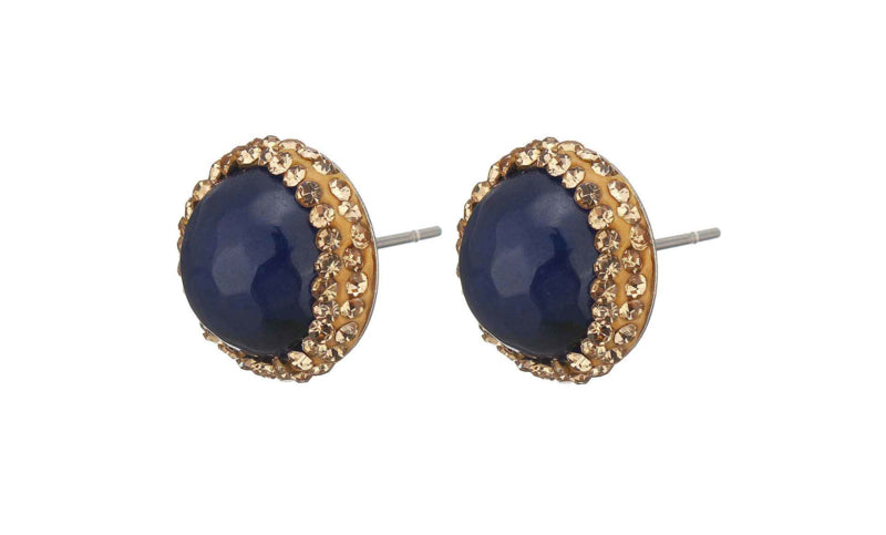Blauwe edelstenen oorknopjes met agaat, gouden stras steentjes en edelstaal | Golden Bright Blue Agate