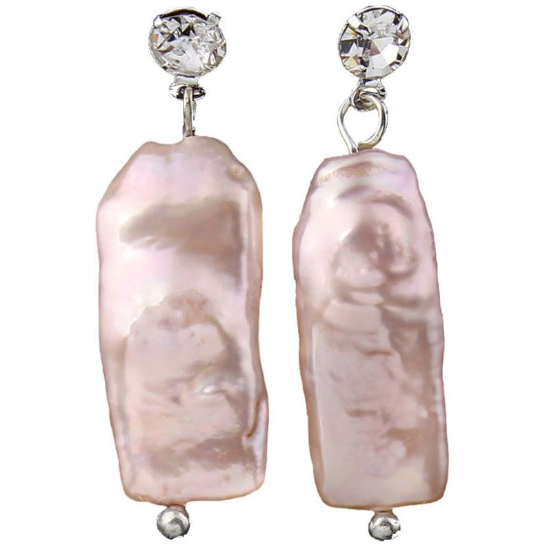 Zoetwater parel oorbellen met rechthoekige zalm kleurige parel en stras steentje | Bling Pearl Rectangle Peach