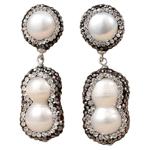 Zoetwater parel oorbellen met witte parels, stras steentjes en sterling zilver (925) anders | Double Bling Peanut Pearl