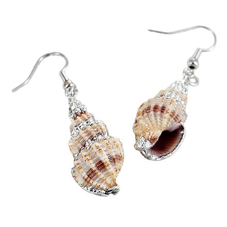 Schelpen oorbellen met beige en bruine schelp met sterling zilver (925) voor en achterzijde | Ribbed Seashell Silver