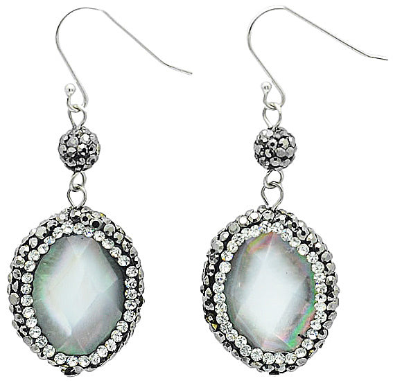 Grijze parelmoeren oorbellen met stras steentjes, glitter oorbellen met parelmoer en sterling zilver (925) | Bright Oval Blacklip