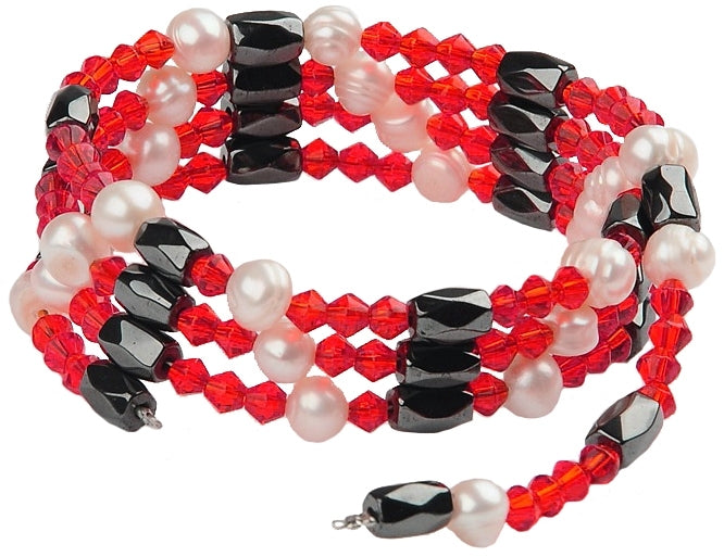 Zoetwater parel wikkel armband met edelsteen magnetiet en rood kristal