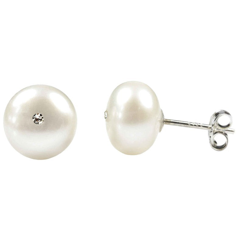 Zoetwater parel oorknop met witte parel en stras steentje | Cadeau set Mea Bling W-B