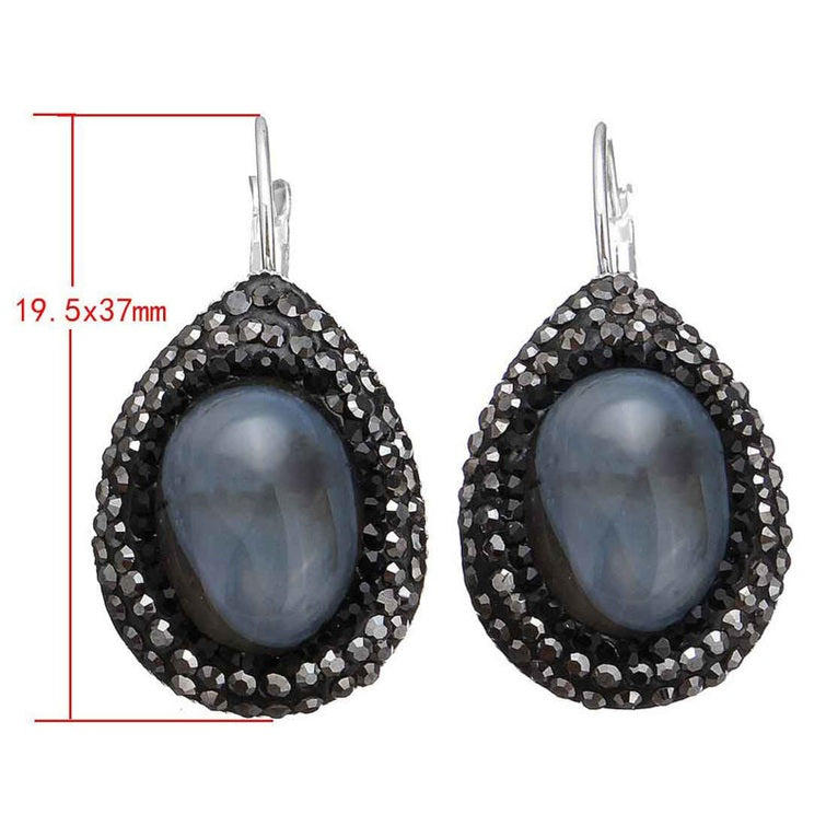 Grijze edelstenen oorbellen met agaat in druppel vorm en stras steentjes met maatindicatie | Bright Grey Agate Teardrop