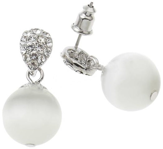 Witte edelstenen oorbellen met kattenoog en stras steentjes, oorknoppen, voor en achterzijde | Bling W Cat’s Eye