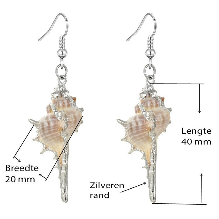 Lange schelpen oorbellen met witte schelp en sterling zilver (925) met maat indicatie | Shell Cabrit Silver