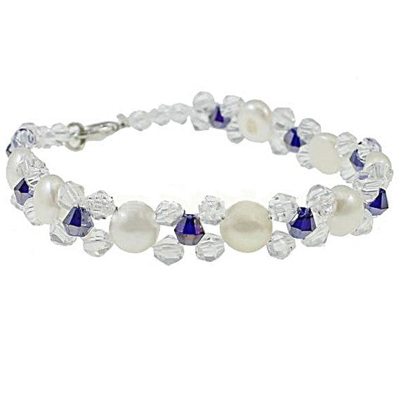 Wit zoetwater parel armband met blauwe facet geslepen kristallen | Button Pearl Blue Chrystal