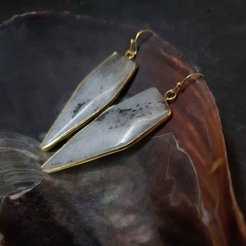 Lange edelstenen oorbellen met labradoriet en goud edelstaal liggend in schelp | Labradorite Seta