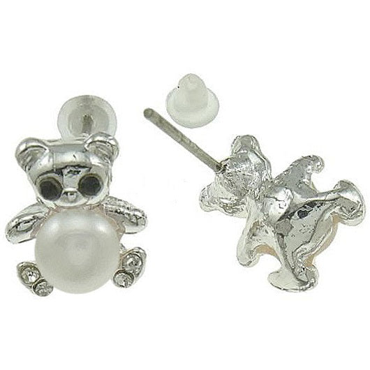 Zoetwater parel oorknopjes met witte parels en zilveren beertje met stras steentjes, voor en achterkant | Pearl Bear W