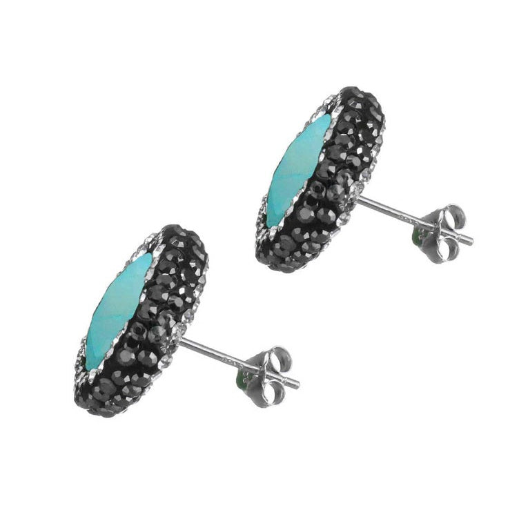 Licht blauwe edelstenen oorknoppen met agaat, stras steentjes en sterling zilver (925) zijaanzicht | Bright Aqua Jade Square