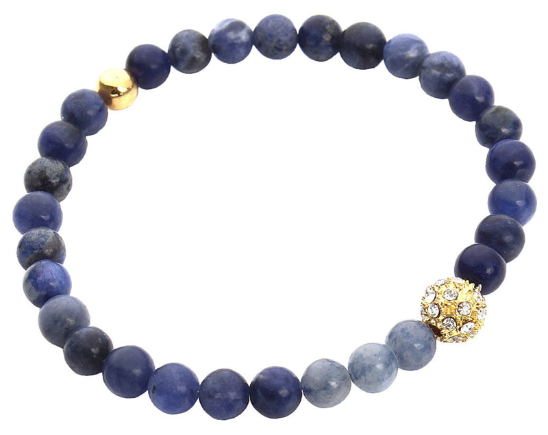 Blauwe edelstenen armband met sodaliet en gouden stras steentjes, elastisch, bovenaanzicht | Sodalite Sparkling Gold