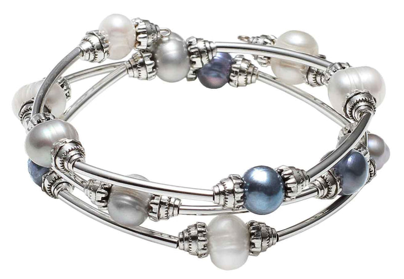 Zoetwater parel wikkelarmband met witte, grijze en blauwe parels | Three Loops White &amp; Grey &amp; Blue Pearl