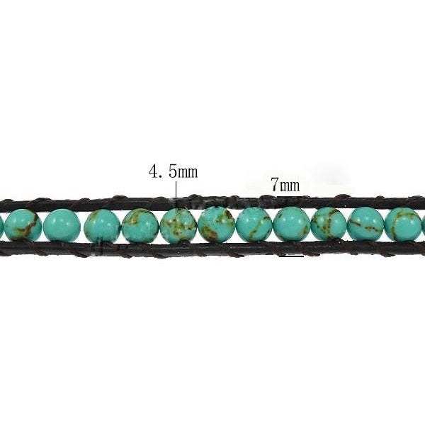 Detail van groen edelstenen armband met turkoois en zwart leer met maatindicatie| Wrap Turquoise Green