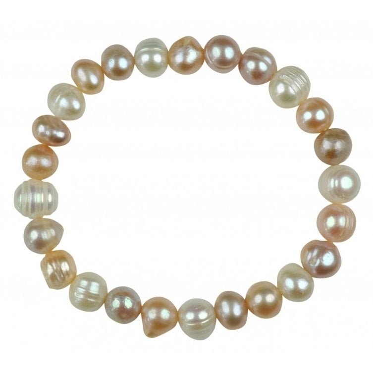 Zoetwater parel armband met witte, zalm en roze parels, elastisch | Bella Soft Colors