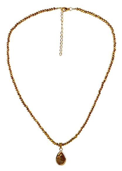 Bruine parelketting met edelstaal en gouden kristallen | set Badia