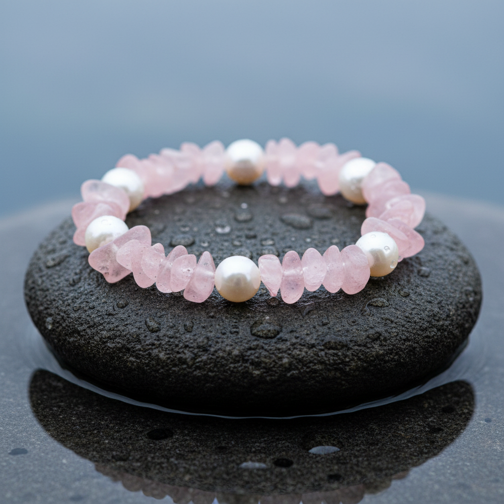 Parel armband met witte parels en roze rozenkwarts liggend op zwarte steen in water