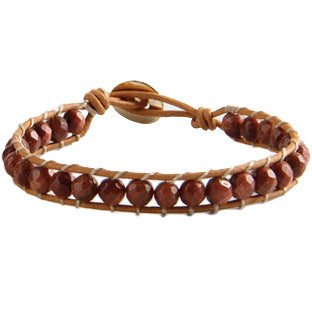 Bruin edelstenen armband met goudvuur / goudsteen en leer | Wrap Gold Sand