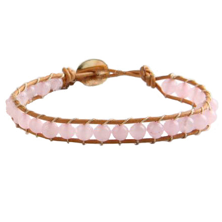 Roze edelstenen armband met rozenkwarts en licht bruin leer | Wrap Rose Quartz Light