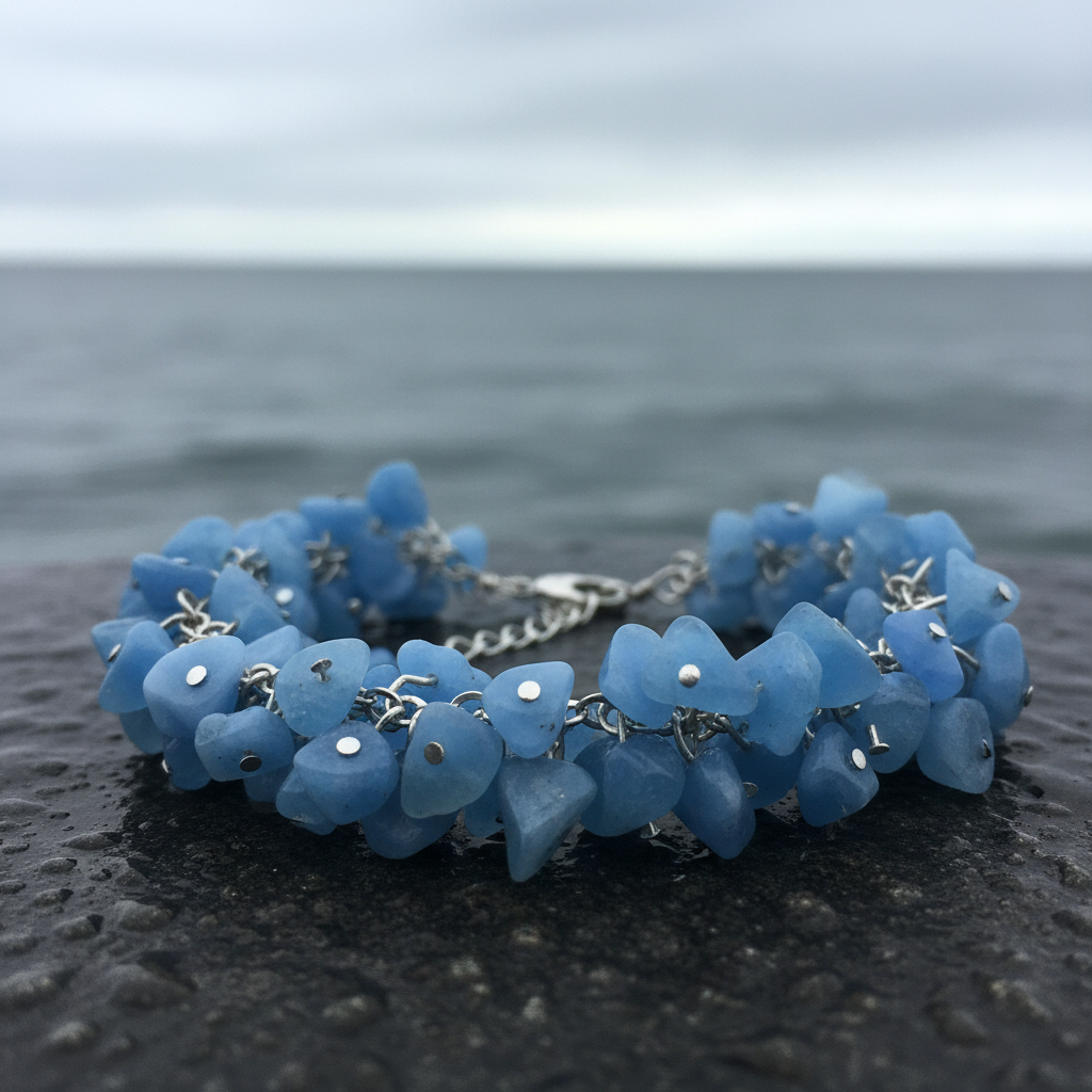Blauw edelstenen bedel armband met aventurijn liggend op steen in water close up | blue Sea