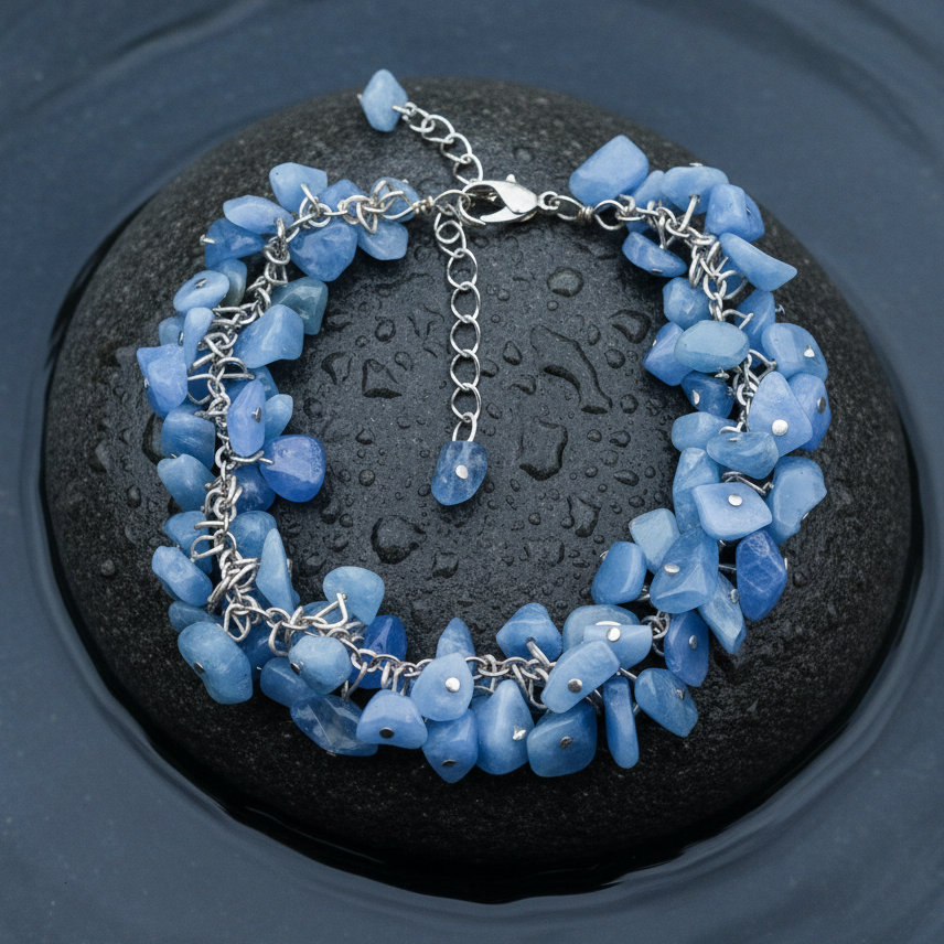 Blauw edelstenen bedel armband met aventurijn liggend op steen in water | blue Sea