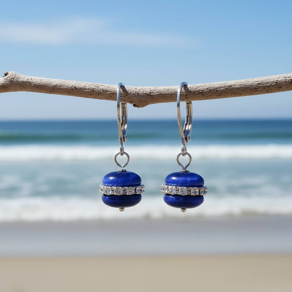 Blauwe edelstenen oorbellen met stras stenen en sterling zilver hangend aan takje met achtergrond zee | Cat&