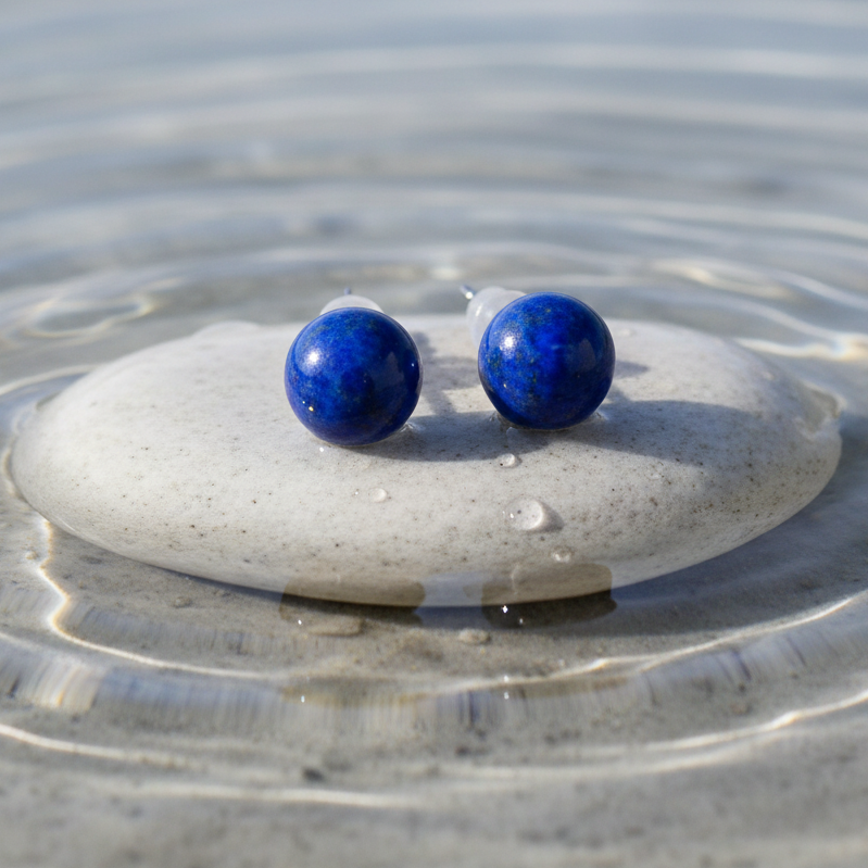 Blauwe edelstenen oorknopjes met lapis lazuli liggend op steen in water | LapisLazuli Ball
