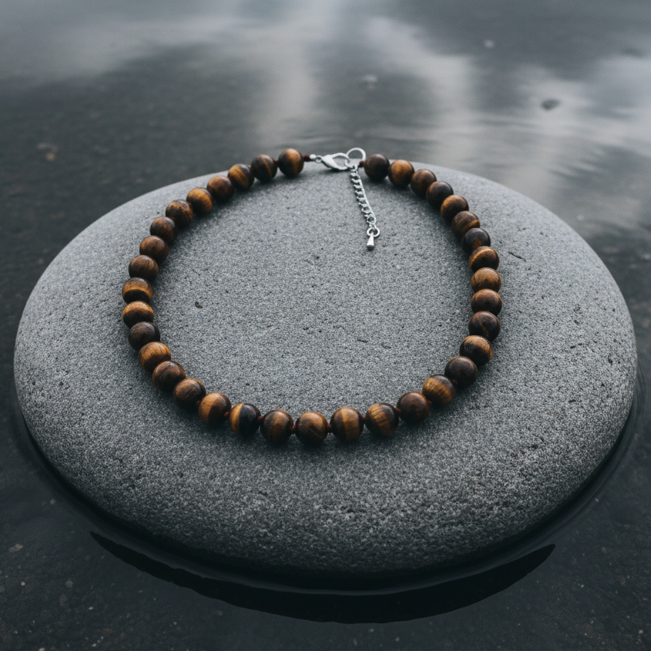 Bruine handgeknoopte edelstenen ketting met tijgeroog en sterling zilver (925)liggend op steen in water | Tiger Eye Ball