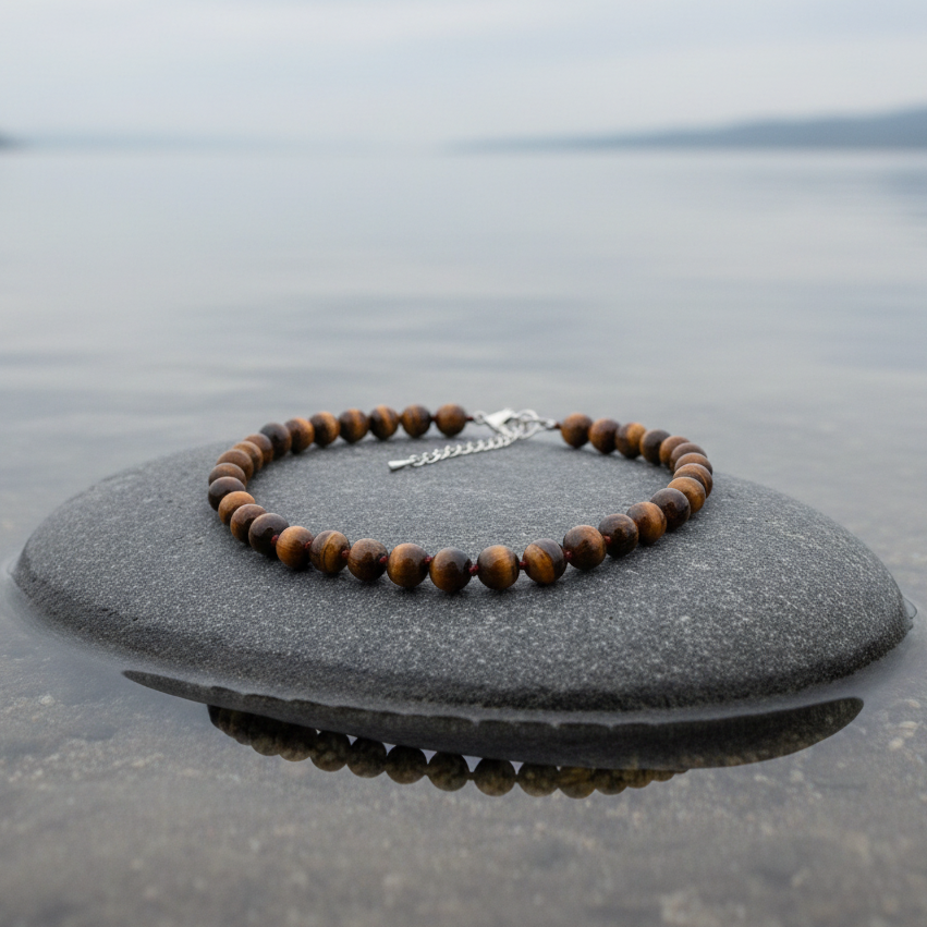 Bruine handgeknoopte edelstenen ketting met tijgeroog en sterling zilver (925) liggend op steen in water zijaanzicht | Tiger Eye Ball