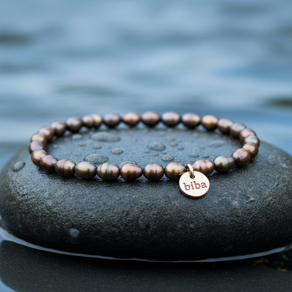Bruin zoetwater parel armband, elastisch liggend op steen in water  close up | Biba Brown Rice Pearl