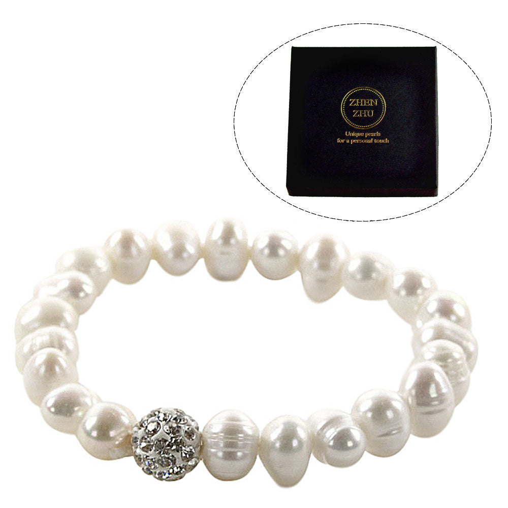 Witte zoetwater parel armband met stras steentjes en sieradendoosje | Cadeau set Maxima