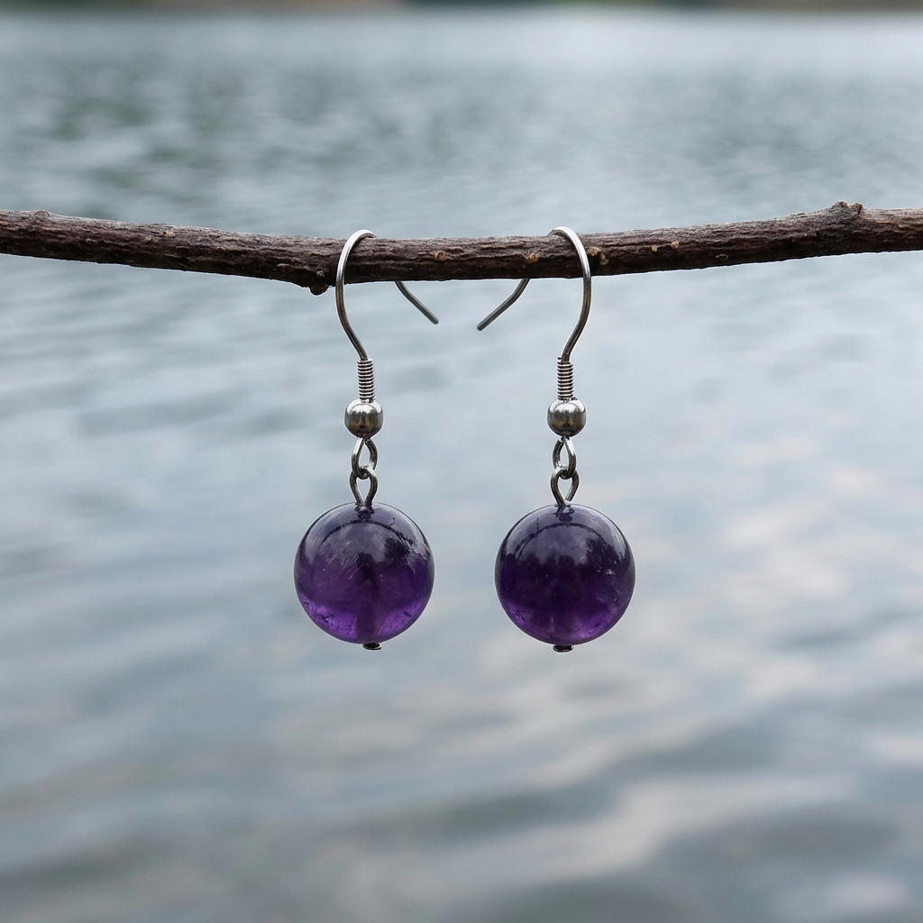 Paarse edelstenen oorbellen met amethist en zilver edelstaal hangend aan takje boven water | Dangling Amethyst Ball