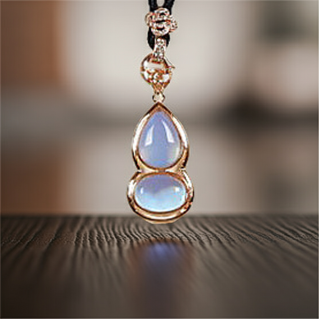 Detail van blauwe edelstenen ketting met opaal hanger en rosé goud hangend met achtergrond | Sea Opal Gold