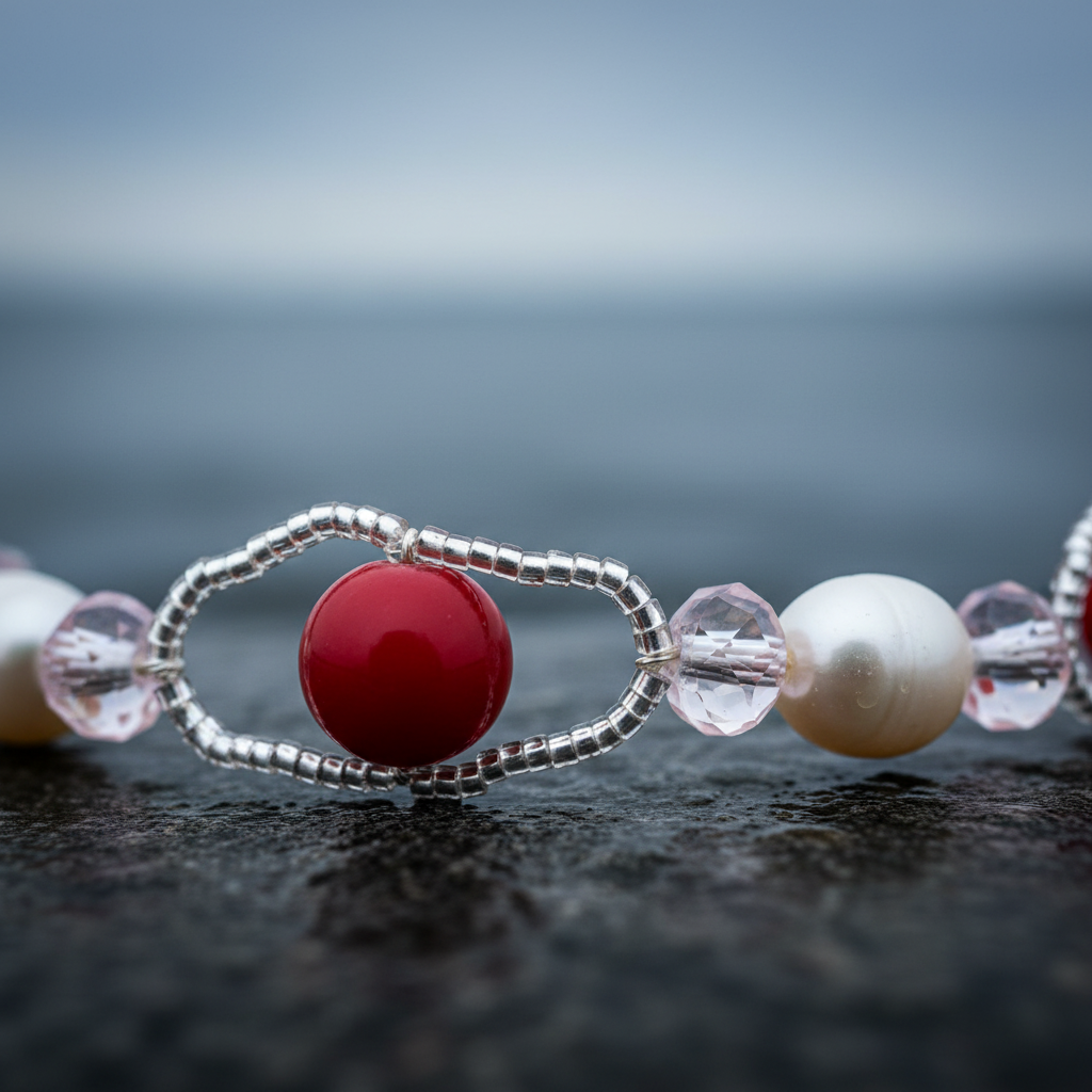 Close up van wit zoetwater parelketting en  armband met magneetslot en roze en rode kralen liggend op steen | Recio