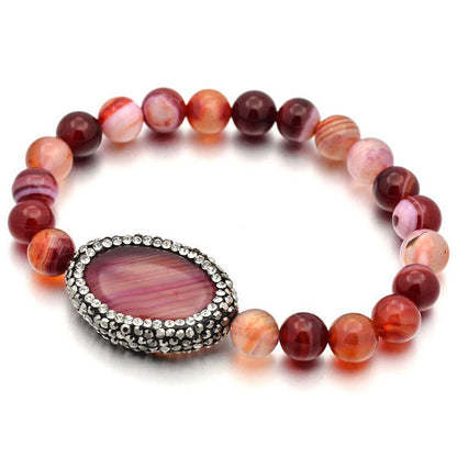 Rood edelstenen armband met agaat en stras steentjes, elastisch | Bling Oval Red Striped Agate