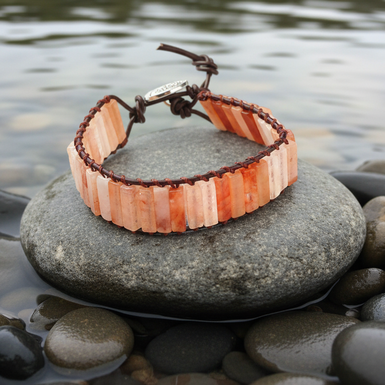Edelstenen armband met carneool liggend op steen in water | Carnelian Brown Leather