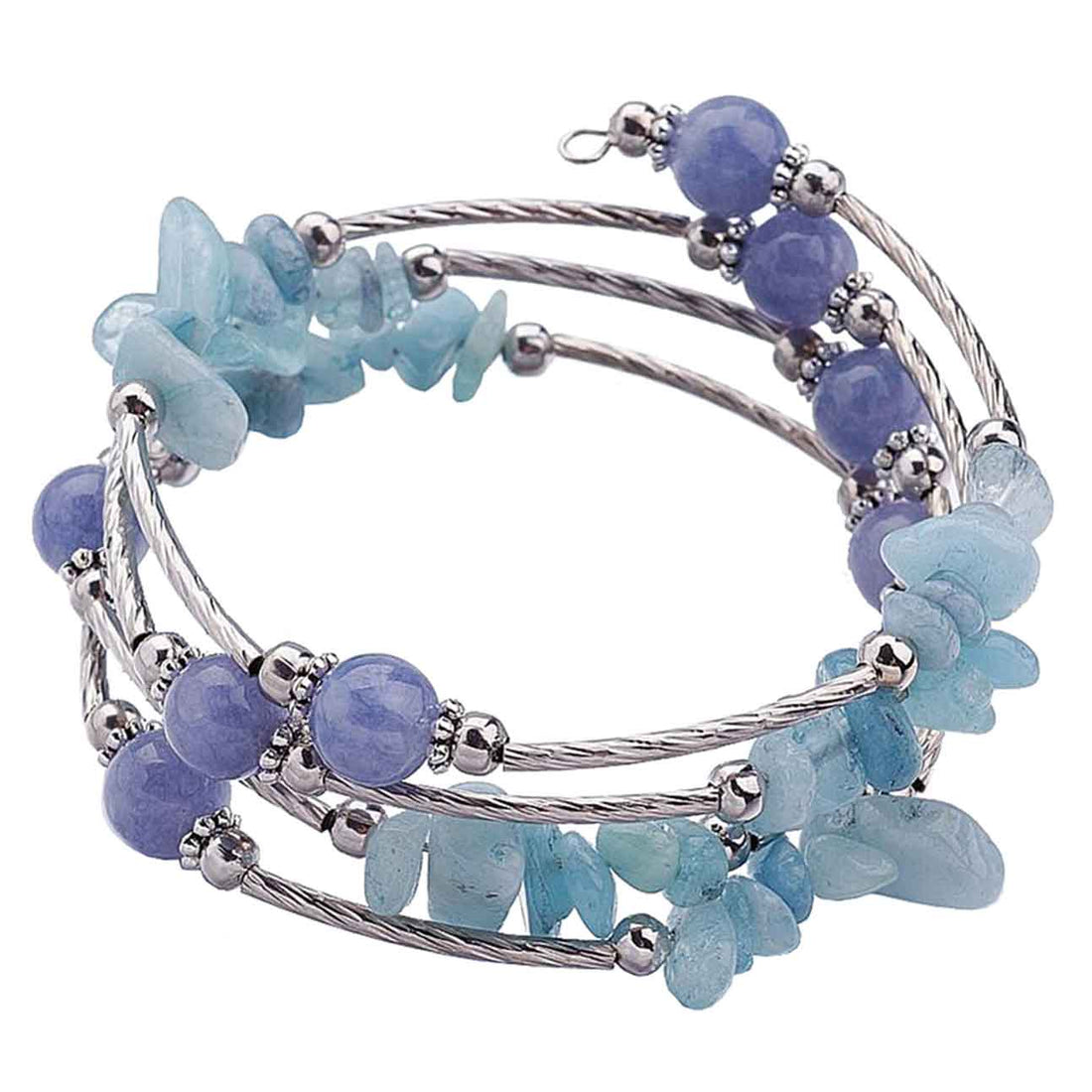 Blauw edelstenen wikkelarmband met aventurien en aquamarijn | Four loops Wrap Blue Gemstone