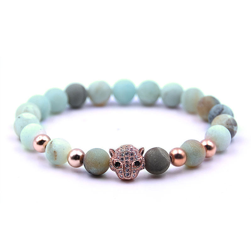 Edelstenen armband met amazoniet, rosé gouden panter met stras steentjes | Elastisch | Frozen Amazonite Rosé Panther 