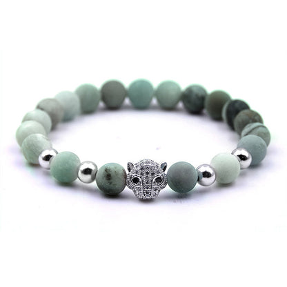 Edelstenen armband met groene en zwarte amazoniet stenen en zilveren panter kop met stras steentjes, Groen elastisch edelstenen armband | Frozen Amazonite Silver Panther