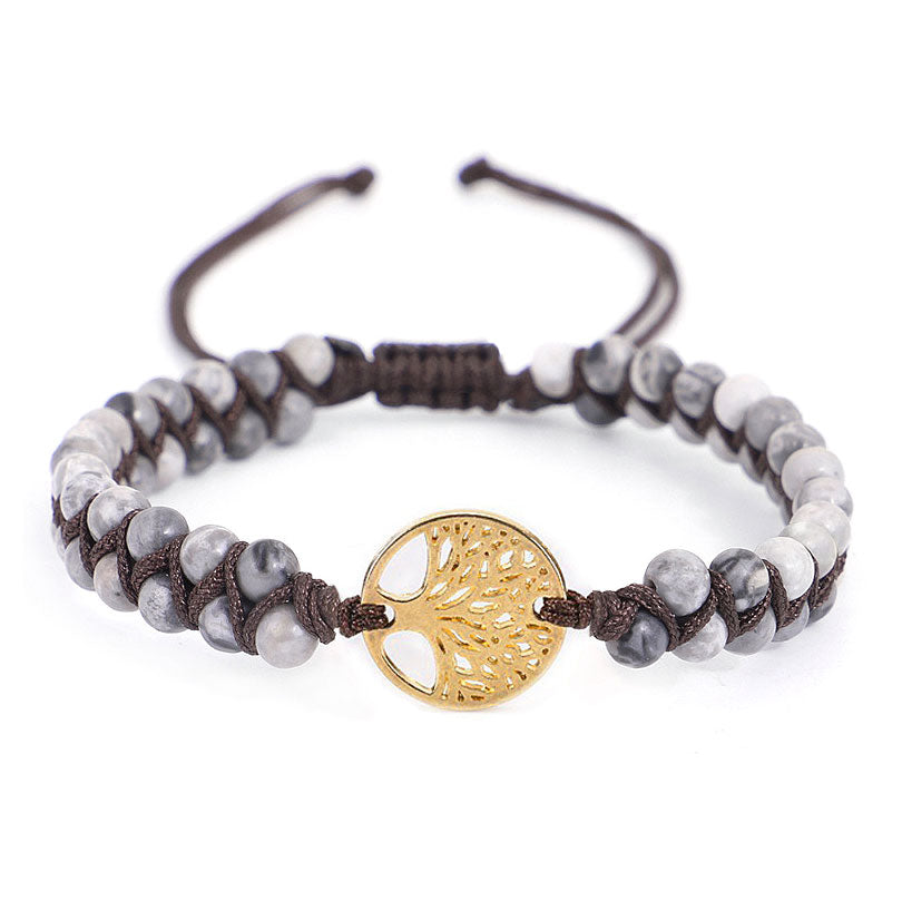 Grijs edelstenen armband met agaat en gouden levensboom | Golden Tree of Life Network Agate