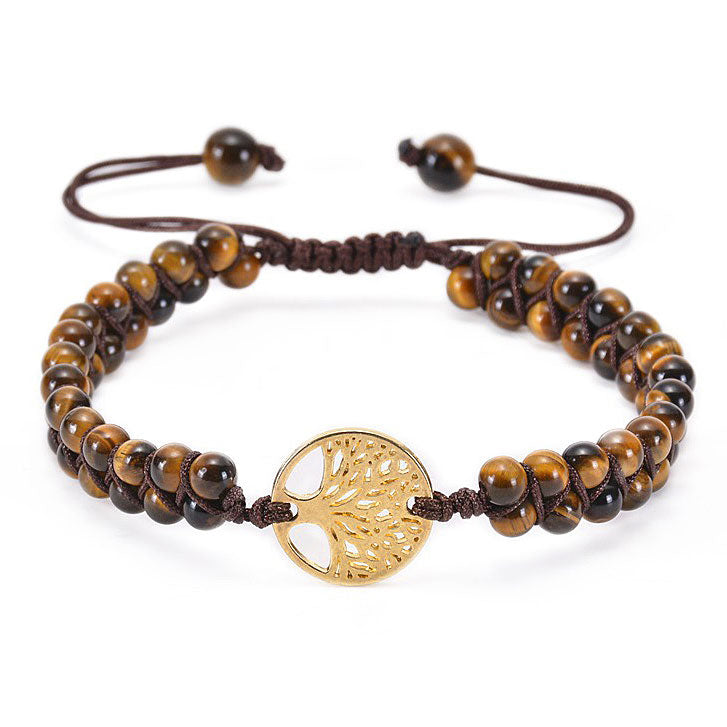 Bruin edelstenen armband met tijgeroog en gouden levensboom | Golden Tree of Life Tiger Eye