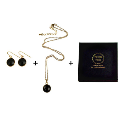 Cadeau set met zwarte edelstenen ketting + zwarte edelstenen oorbellen met agaat en goud edelstaal + sieradendoosje | set Black Agate Gold Round