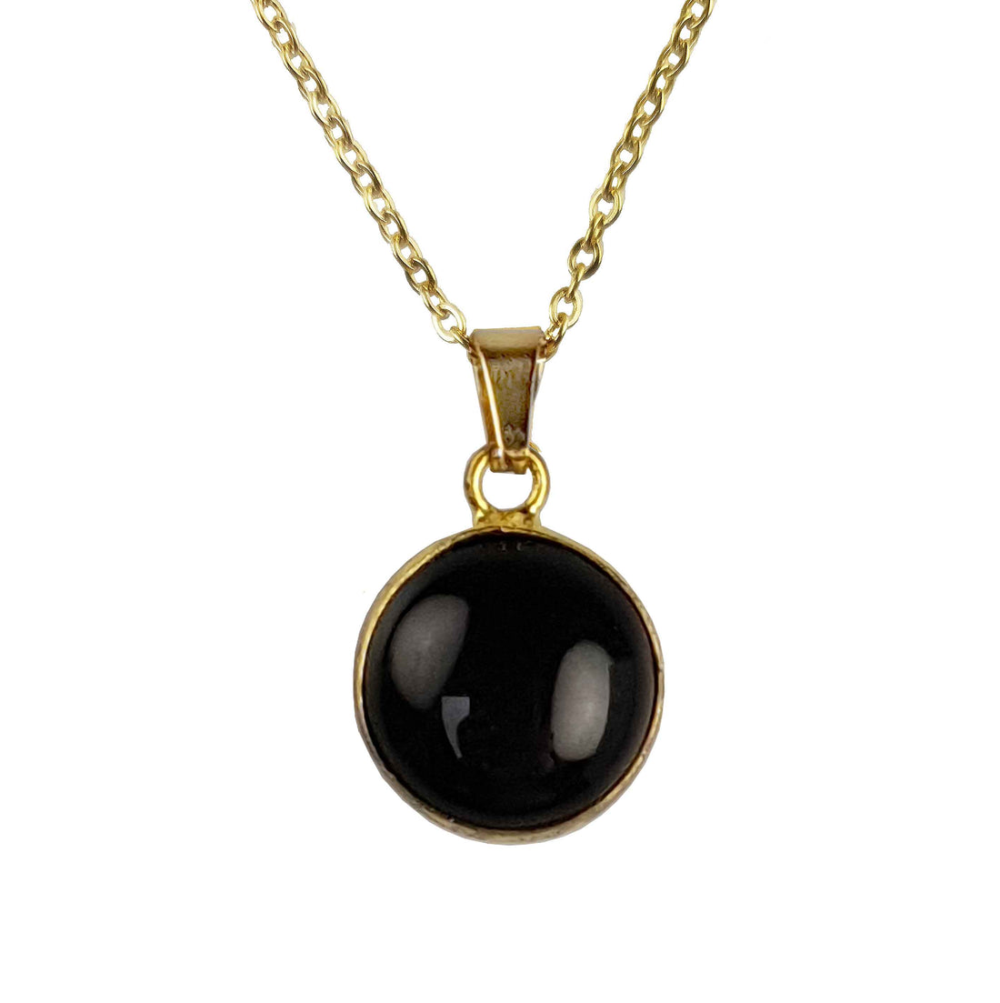 Detail van zwarte edelstenen ketting met agaat en goud edelstaal | Black Agate Gold Round