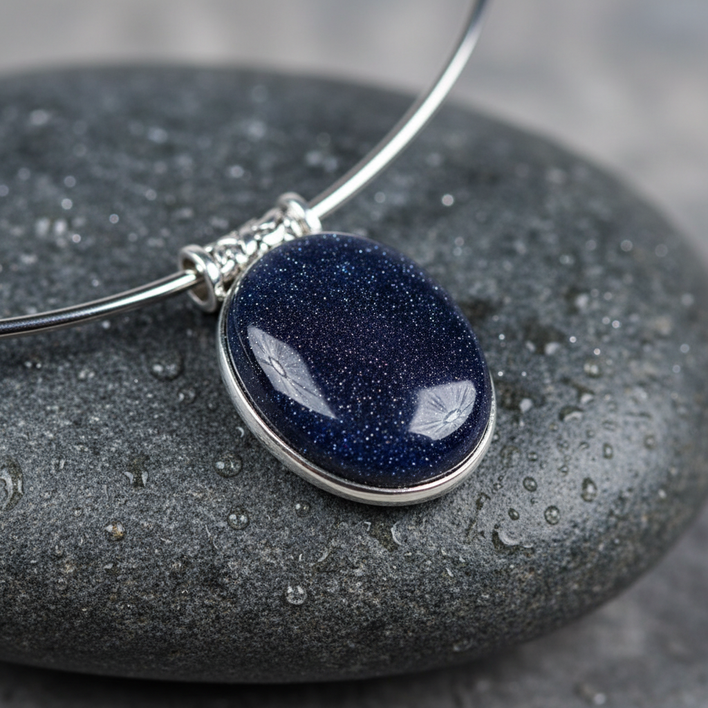 Zwart blauwe edelstenen ketting met ovale goudsteen hanger close up | Blue Goldstone Oval
