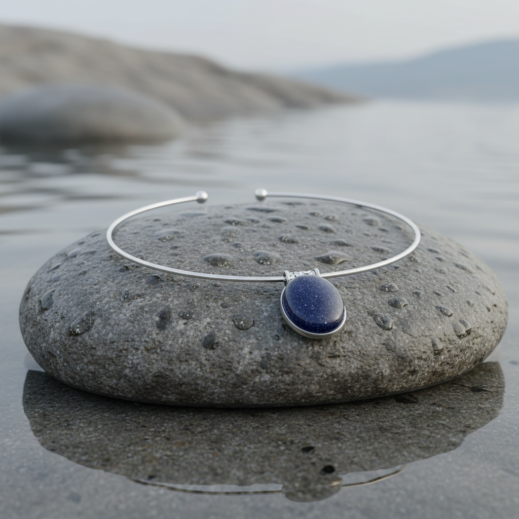 Zwart blauwe edelstenen ketting met ovale goudsteen hanger liggend op steen | Blue Goldstone Oval