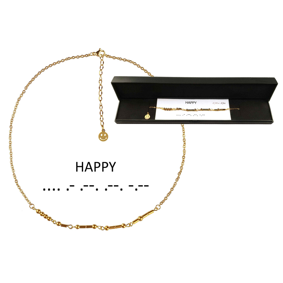 Gouden edelstenen ketting met goud edelstaal en hematiet stenen die het woord HAPPY in morse code weer geeft in mooi sieradendoosje | Morse Code Happy Gold Hematite