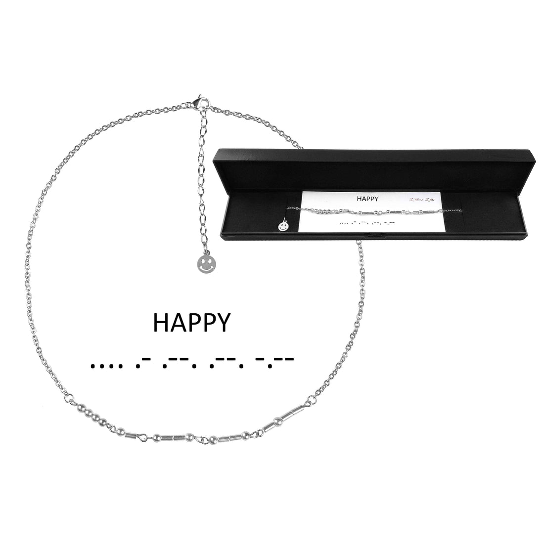 Zilveren edelstenen ketting met zilver edelstaal en hematiet stenen die het woord HAPPY in morse code weer geeft in mooi sieradendoosje | Morse Code Happy Silver Hematite