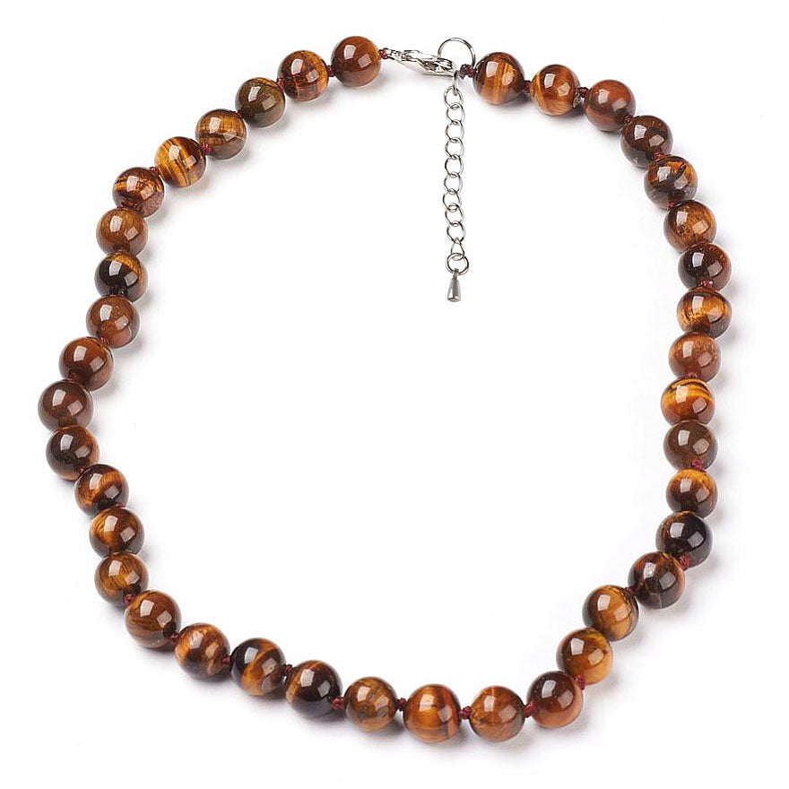 Bruine handgeknoopte edelstenen ketting met tijgeroog en sterling zilver (925) | Tiger Eye Ball